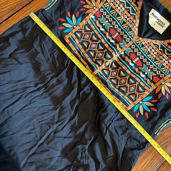 Savannah Jane Embroidered Black Midi Shirt Sleeve Dress Tiered Ruffle Small - Picture 6 of 8